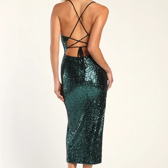 SOLD OUT LULUS Sparkling Starlet Teal Sequin Lace-Up Midi Dress - Picture 3 of 5